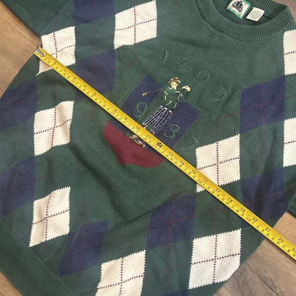 Vintage IZOD Golf Knit Sweater Men’s Large Green Embroidered Spell Argyle Retro - Picture 5 of 6